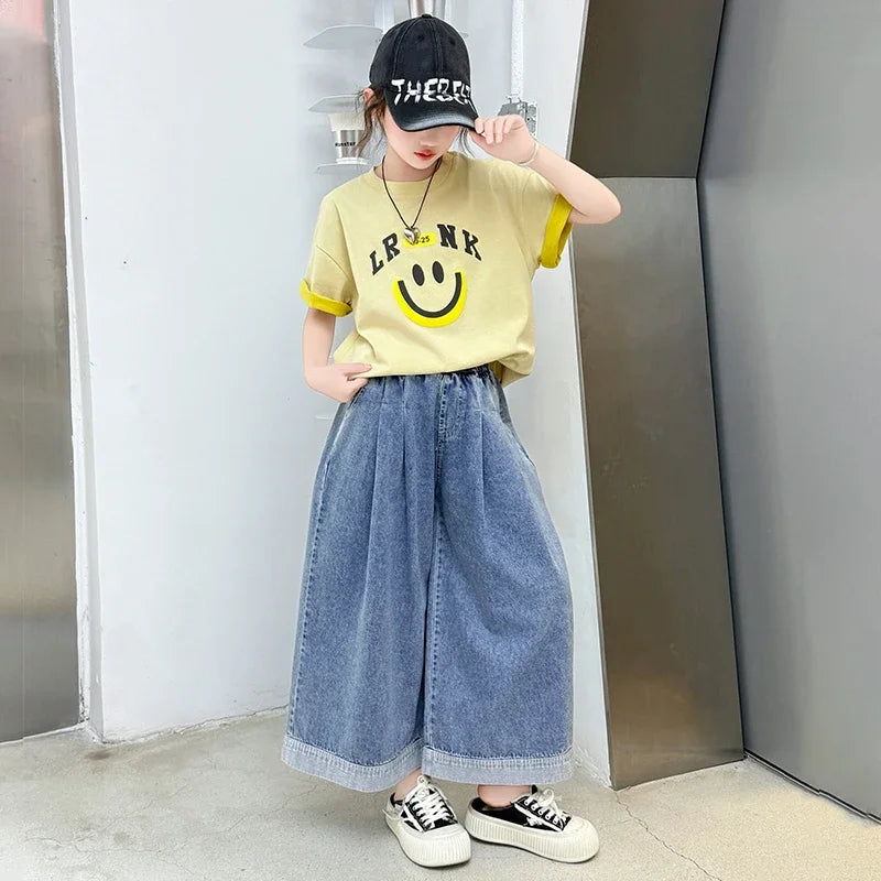 Girls Summer Clothes Sets Children Smiley Face Print Short-Sleeve T-Shirt + Denim Wide-Leg Pants Two-Piece Sets 2025 New