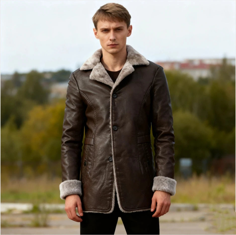 Men's Long Leather Coat PU Jacket for Men Winter Warm Fleece Lined Business Overcoat Trench Mens Outerwear Motorcycle Jacket