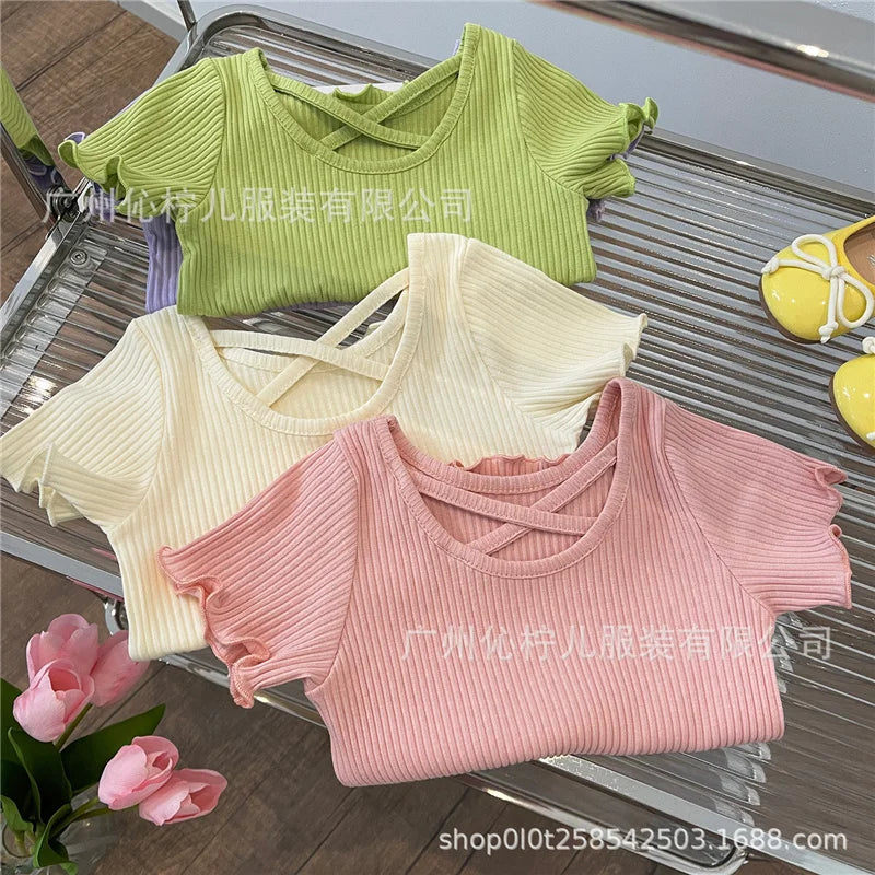 Girls T-Shirt Summer Children Short Sleeved Thin Soft Tops Simple Solid Color Casual Kids Clothing 2-6 Years Sweet Shirtthing