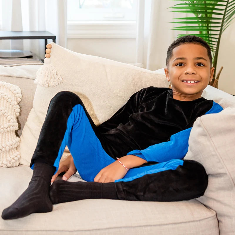 Boys pajama set blue black top and pants kids clothes for boy and girl clothing round neck winter season front velour back rib