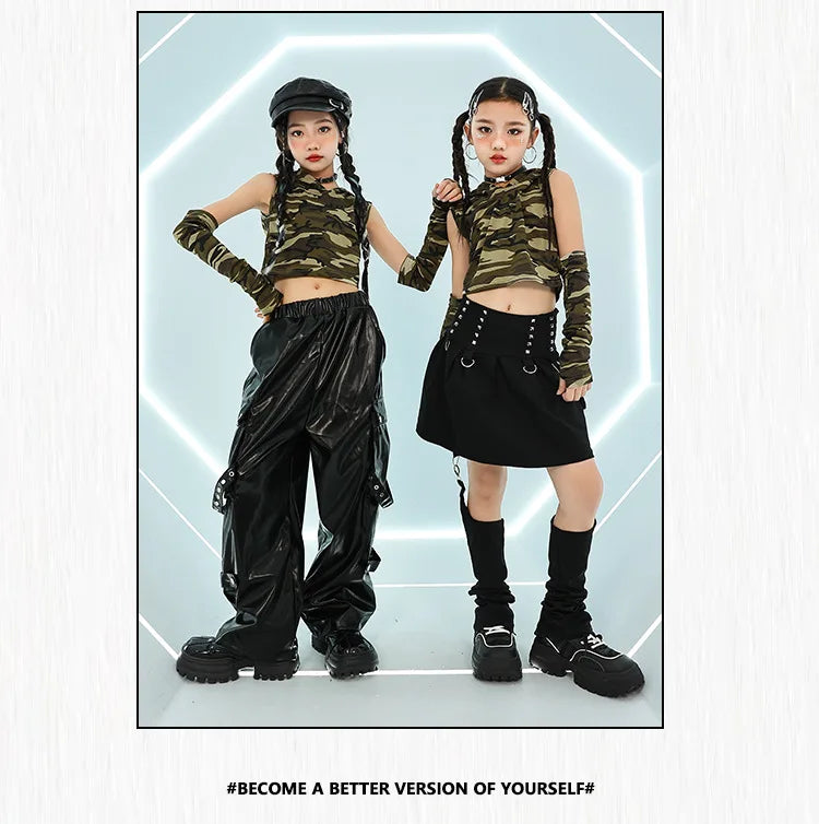 Girls Jazz Dance Costumes, Hip-hop Stage Costumes, Zumba Practice Clothes, Camouflage Children's Clothing Suits,10-12 Years Old