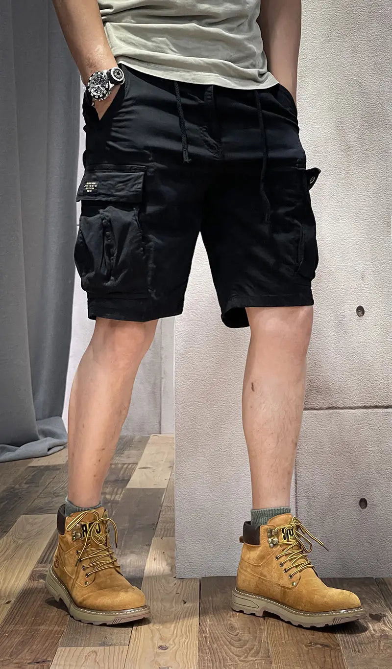 Half Men's Cargo Shorts Solid With Draw String Khaki Male Bermuda Short Pants Summer Korean Style Baggy Elastic Waist Homme Y2k