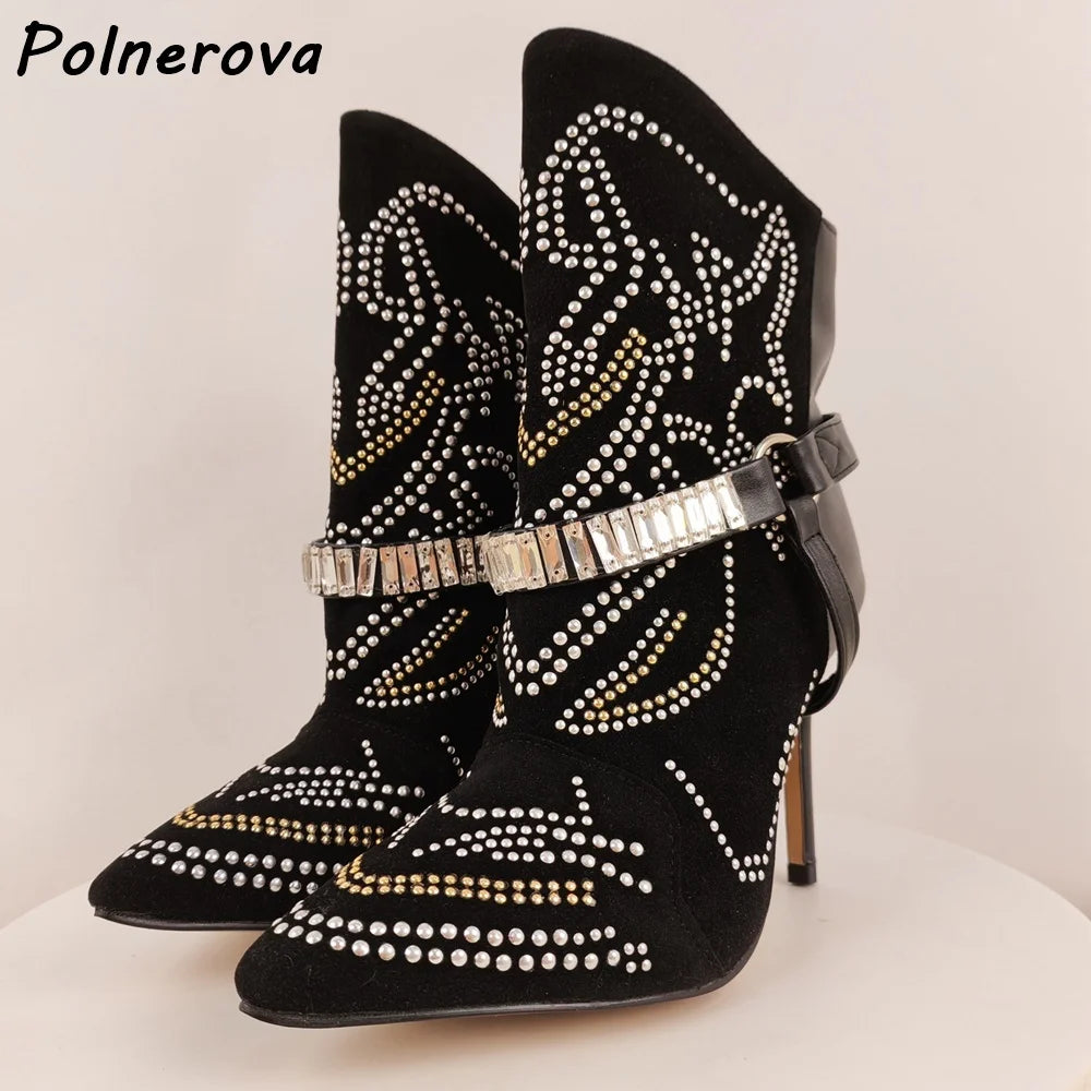 Rhinestone Black Ankle Boots Pointy Toe Thin Heels Slip On Bling Crystal Solid Sexy Boots Women's Winter Elegant Runway Shoes