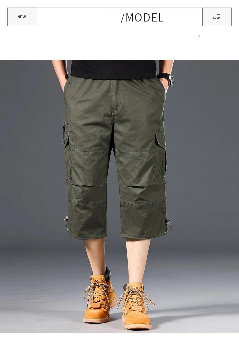 Knee Length Cargo Shorts Men's Summer Casual Cotton Multi Pockets Breeches Cropped Short Trousers Camouflage Shorts