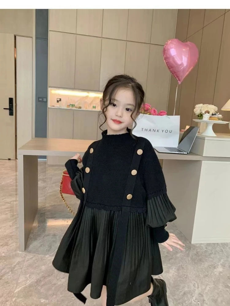 2025 Spring and Autumn New Girls' Dress Children's Clothing Black Design Sense Spliced Knitted Pleated Skirt