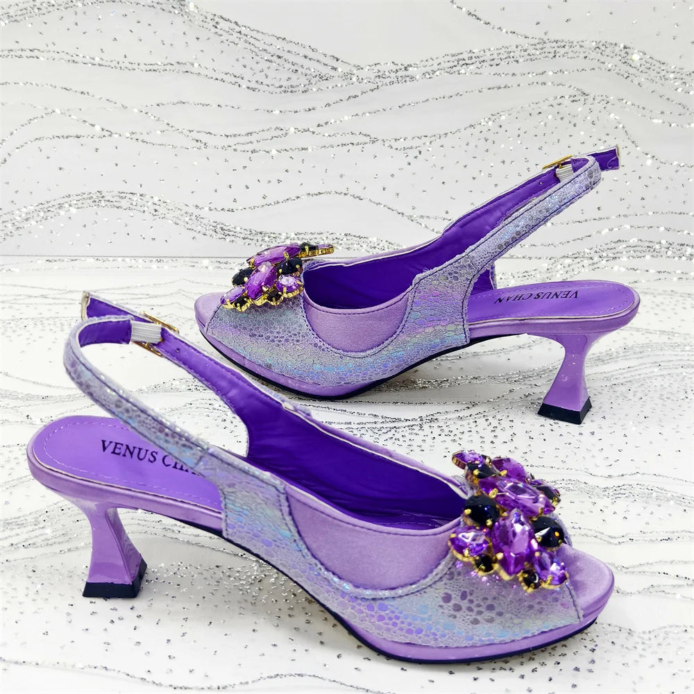 2025 New Rhinestone Design African Shoes & Bag Set in Green – Open Toe Comfortable Women's Heels - Hot Sale on Instagram