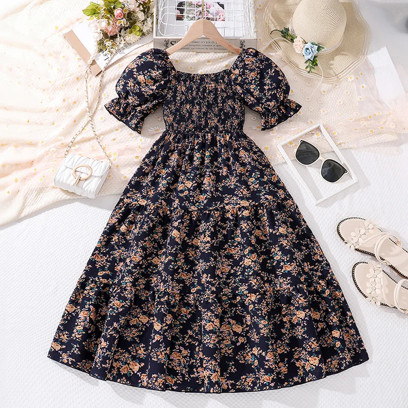 Girls Clothes 2024 New Summer Princess Dresses 8-12Y Shirred-Bodice Floral Puffed Sleeves Elegant Casual Kids Dress For Girls
