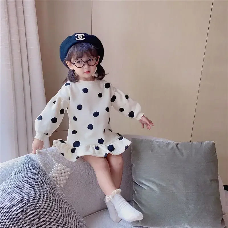 Girls Dress Autumn Spring New Girls' Splicing Pleated Dress Polka Dot Printed Baby Kids Casual Clothing