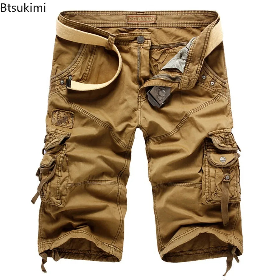 New Summer Casual Shorts Men's Solid Straight Cargo Shorts Outdoor Workout Joggers Pants Multi Pocket Knee Length Sweatpants Man
