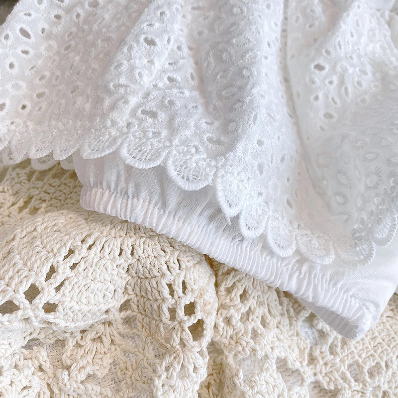 Girls 2024 Summer Clothing Sets Hollow Lace Suit Baby Casual Sleeveless T-shirt+Shorts Kids Clothing Sets Baby Clothes Outfits