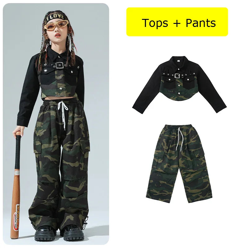 Girls Hip Hop Clothing Green Crop Top Camouflage Casual Wide Pockets Cargo Pants for Kids Jazz Dance Costume Clothes