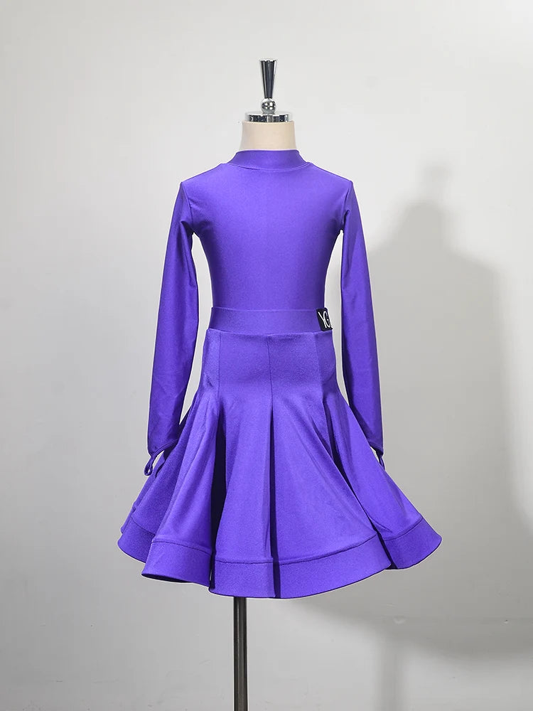 Girls Latin Dance Competition Clothing Glossy Fabric Long Sleeves Dance Dress Kids Cha Rumba Dance Practice Training Wear