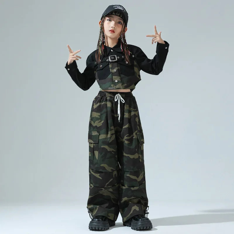 Girls Hip Hop Clothing Green Crop Top Camouflage Casual Wide Pockets Cargo Pants for Kids Jazz Dance Costume Clothes