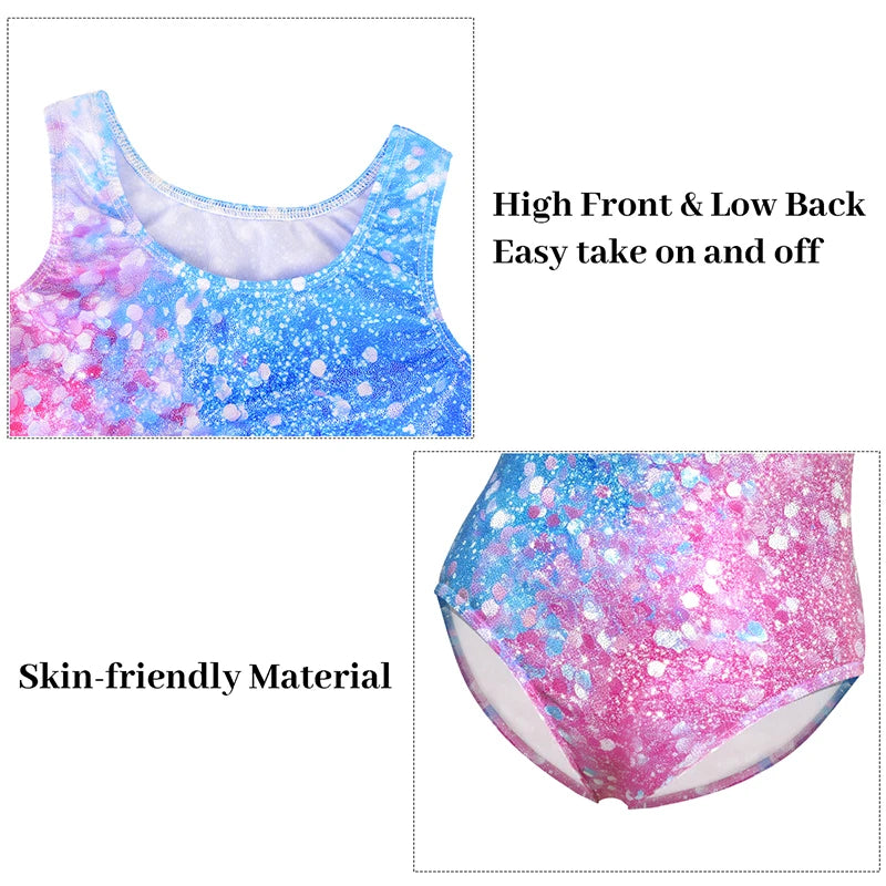 Gymnastics Leotards for Girls Glitter Fashion Print SleevelessTank Biketards Activewear  with shorts and headband