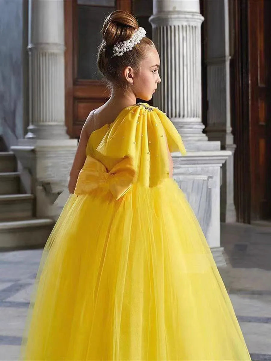 Girls Elegant Dress Tulle Evening Dresses Fashion Ball Performance Gown Solid Simple Girls Clothing Children Summer Frocks