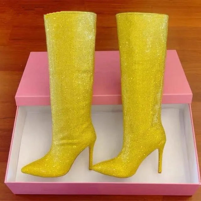 Rhinestone Women's High Boots Pointed Toe Slip-on Long Boots Women Boots High Heels Sexy Stiletto Ladies Party Shoes 2025 New