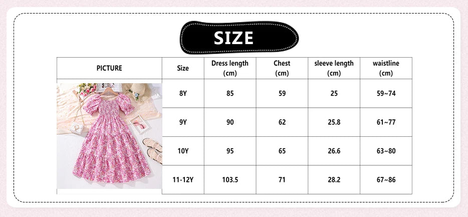 Girls Clothes 2024 New Summer Princess Dresses 8-12Y Shirred-Bodice Floral Puffed Sleeves Elegant Casual Kids Dress For Girls