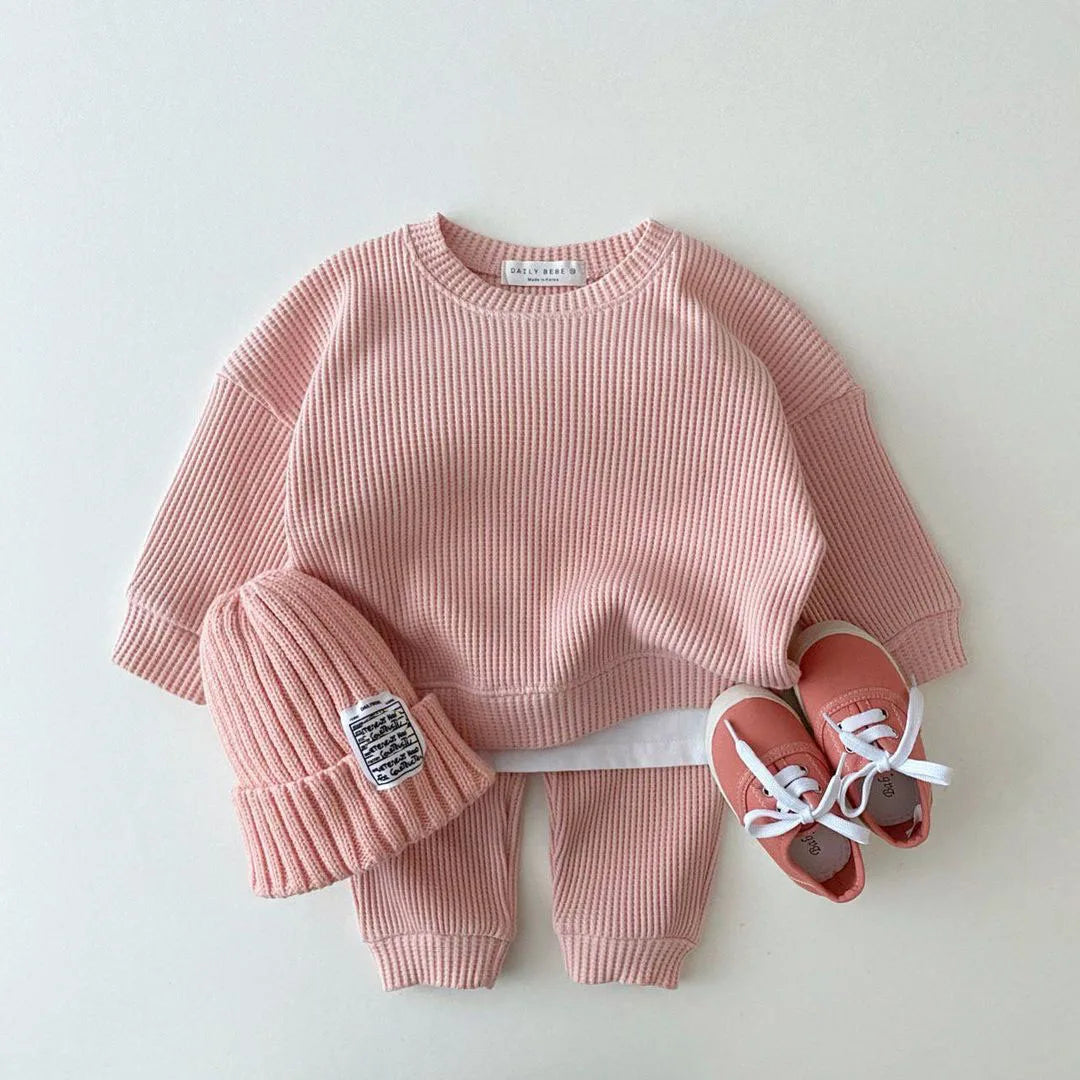 Baby Girls Clothes Autumn Cotton Kintting Clothing Sets Mock 2PCS Waffle Cotton Kids BoysSets Tracksuit Tops+Pants Korean