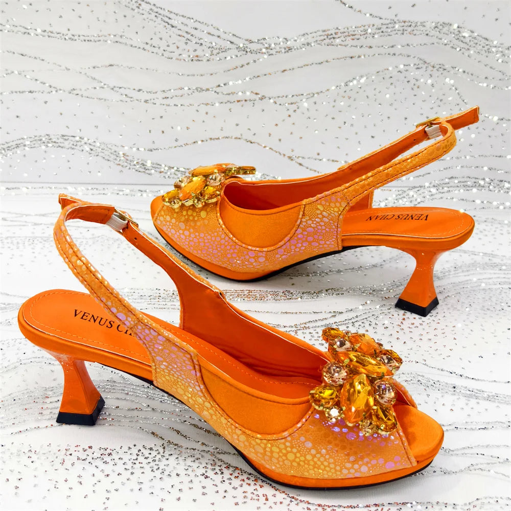 2025 New Rhinestone Design African Shoes & Bag Set in Green – Open Toe Comfortable Women's Heels - Hot Sale on Instagram