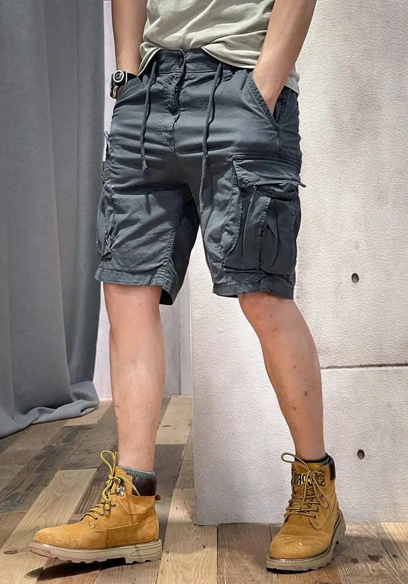 Half Men's Cargo Shorts Solid With Draw String Khaki Male Bermuda Short Pants Summer Korean Style Baggy Elastic Waist Homme Y2k