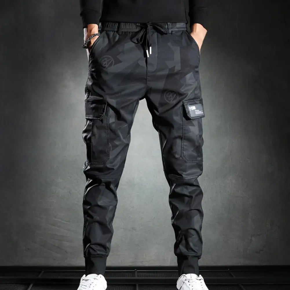 Men Cargo Pants Camouflage Print Drawstring Multi Pockets Bottoms Ankle Tied Trousers Autumn Elastic Waists Casual Sports Pants