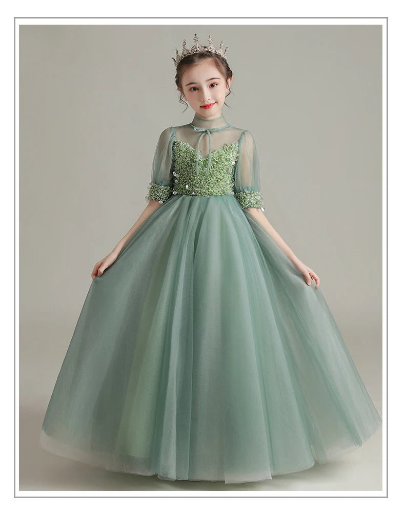 Children Clothing Green Dress for Girls 3 To 14 Year Elegant Formal Evening Dresses Long Luxury Cute Kid Wedding Party Ball Gown