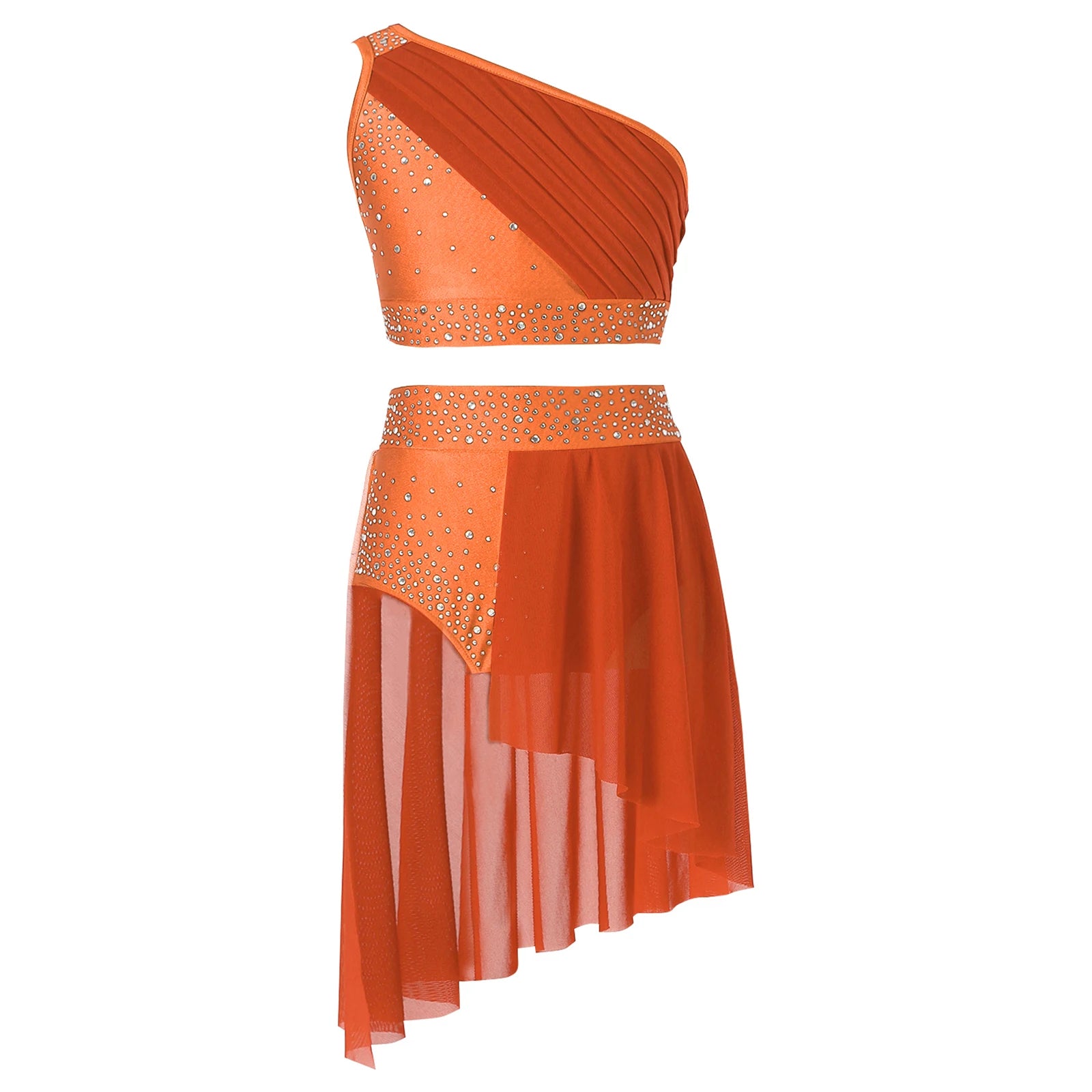 Girls Lyrical Dance Outfit Shiny One Shoulder Crop Top with Skirt for Jazz Skating Ballet Gymnastics Acrobatics Performance