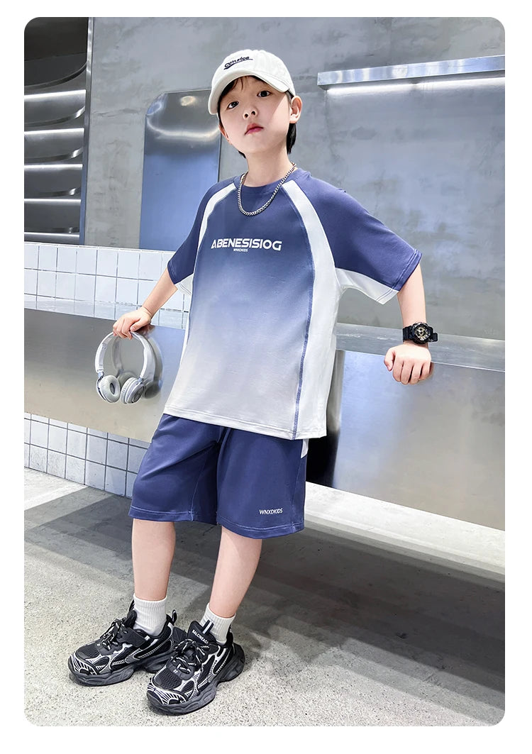 Boys 2PC/Sets For Age 5-14 Years Old Teen Child Clothing Suit New Kids Summer Short Sleeve T-Shirt + Shorts Casual Boys Outfits
