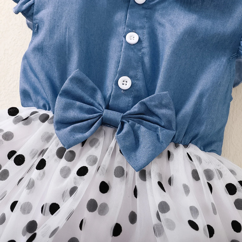 Girls Clothing Flying sleeve Dress Blue Polka Dot chiffon Children's Dress suitable for 1-6 Year old Girls Summer Dress