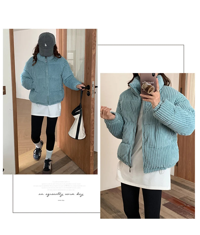 Women Short Parkas Jackets 2025 Autumn Winter Corduroy Long Zipper Thick Warm Outwear Coats Female Winter Jackets parkas Coats