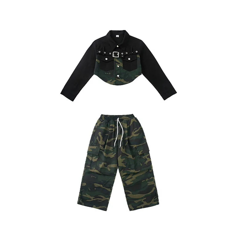 Girls Hip Hop Clothing Green Crop Top Camouflage Casual Wide Pockets Cargo Pants for Kids Jazz Dance Costume Clothes