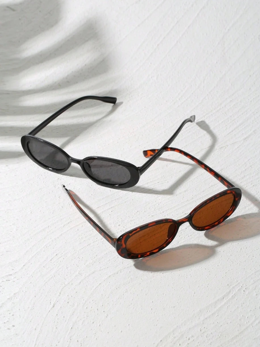 2pcs Vintage Small Frame Oval Shaped Plastic Sunglasses Outdoor Travel Beach Holiday UV Protection Fashionable Shade Travel