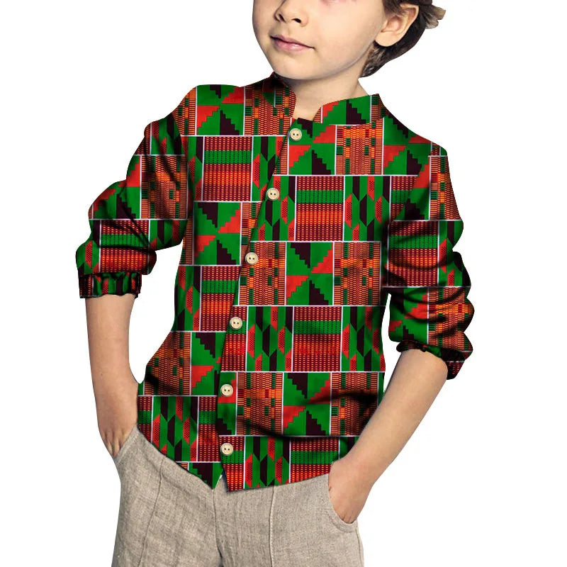 Kids Clothing Kids Boys African Fashion New Boy's Tops Bazin Riche African Wax Print Patchwork Cotton Shirt for Boys