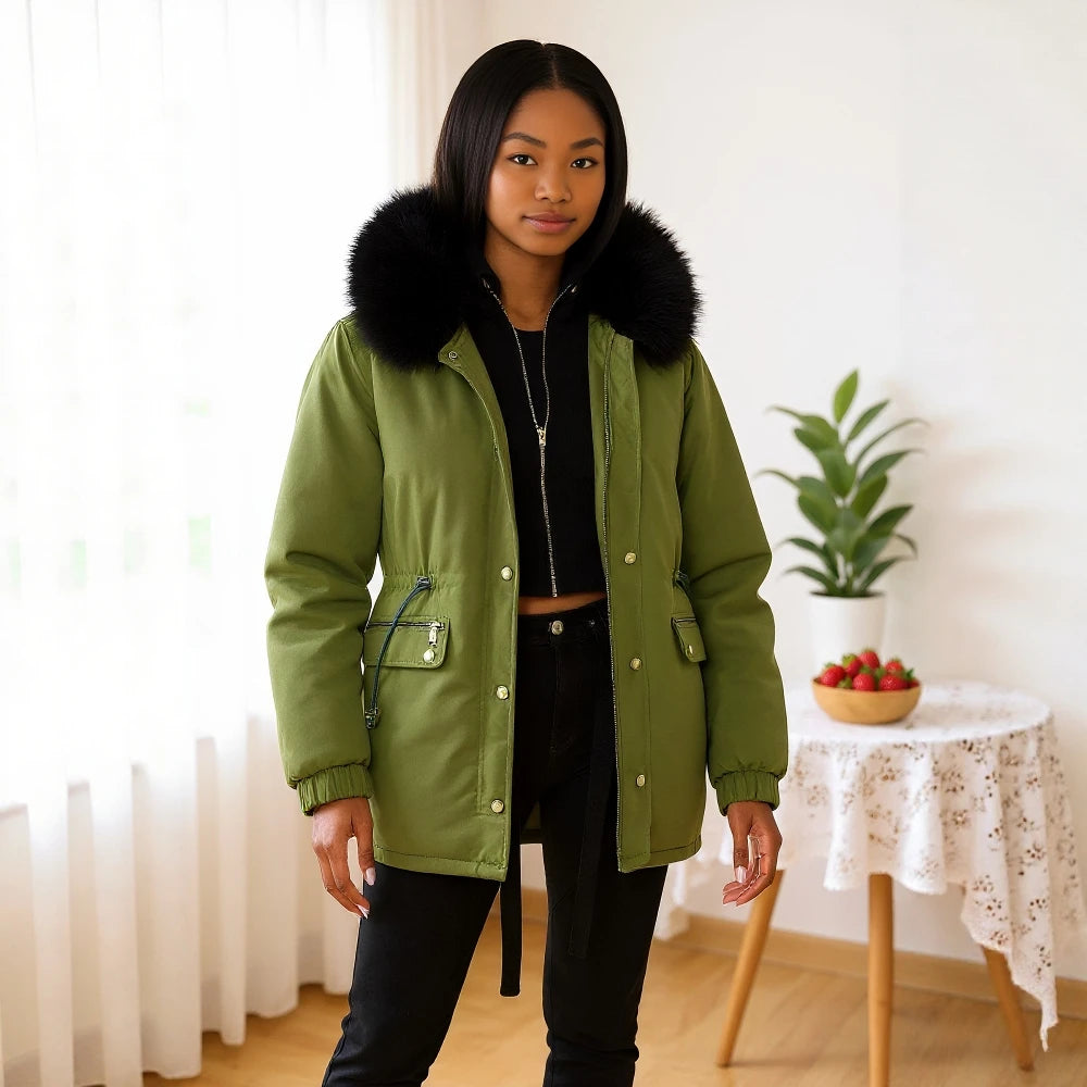 Women's Coats 2025 Autumn Winter Jacket Elegant Fashion Long Hooded Fur Collar Pockets Zipper Button Snow Wear Padded Parka