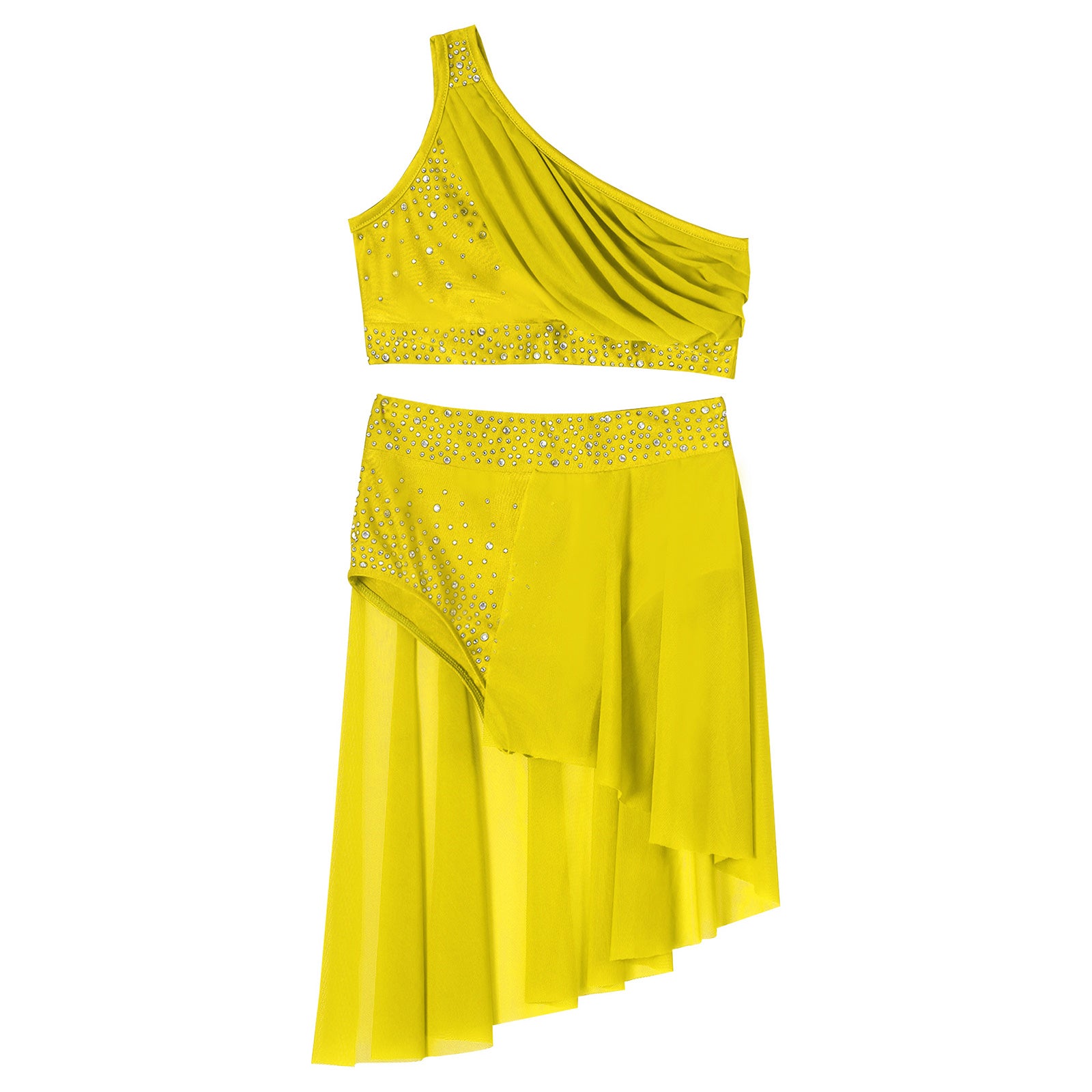 Girls Lyrical Dance Outfit Shiny One Shoulder Crop Top with Skirt for Jazz Skating Ballet Gymnastics Acrobatics Performance