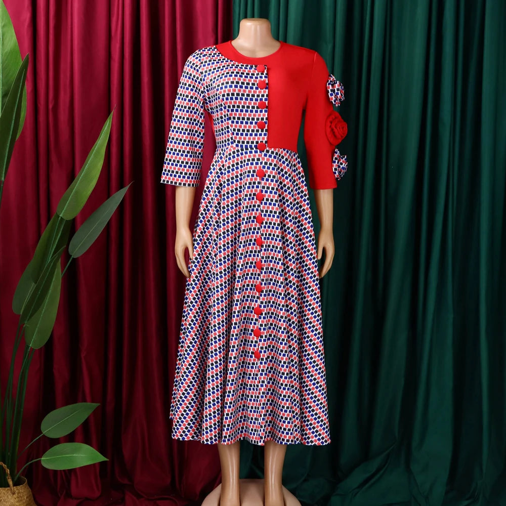 Elegant Dresses for Women 2025 Fall Fashion African 3/4 Sleeve Party Birthday New Robe Chic 3D Flower Plaid Evening A-Line Dress