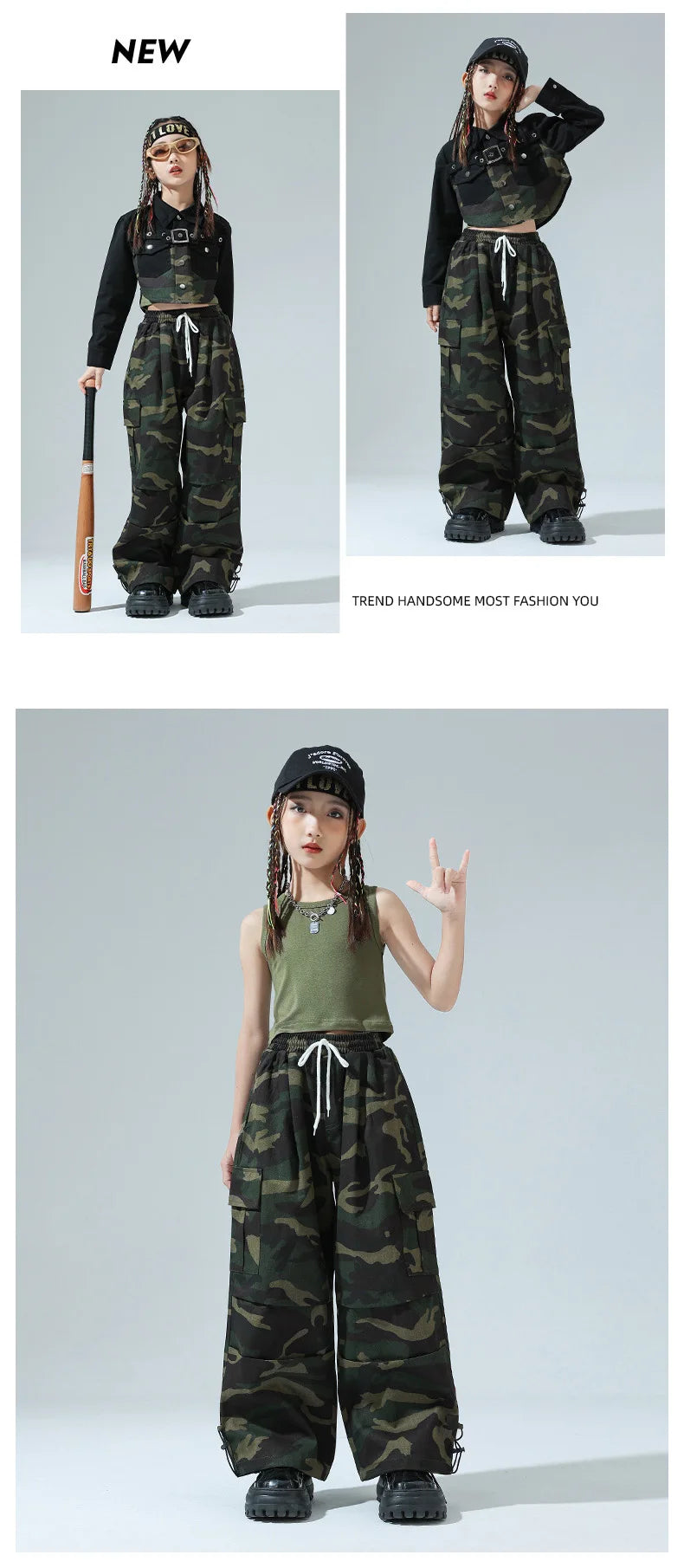 Girls Hip Hop Clothing Green Crop Top Camouflage Casual Wide Pockets Cargo Pants for Kids Jazz Dance Costume Clothes