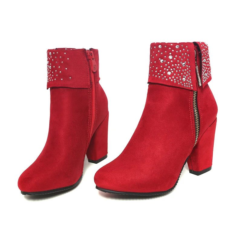 Rhinestone Crystal Sparkle Red Navy Blue Ankle Boots for Women Big Size 46 47 Zipper Chunky High Heels Bling Winter Warm Shoes