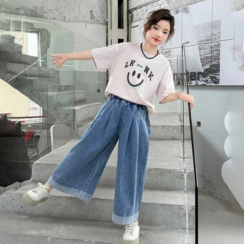 Girls Summer Clothes Sets Children Smiley Face Print Short-Sleeve T-Shirt + Denim Wide-Leg Pants Two-Piece Sets 2025 New