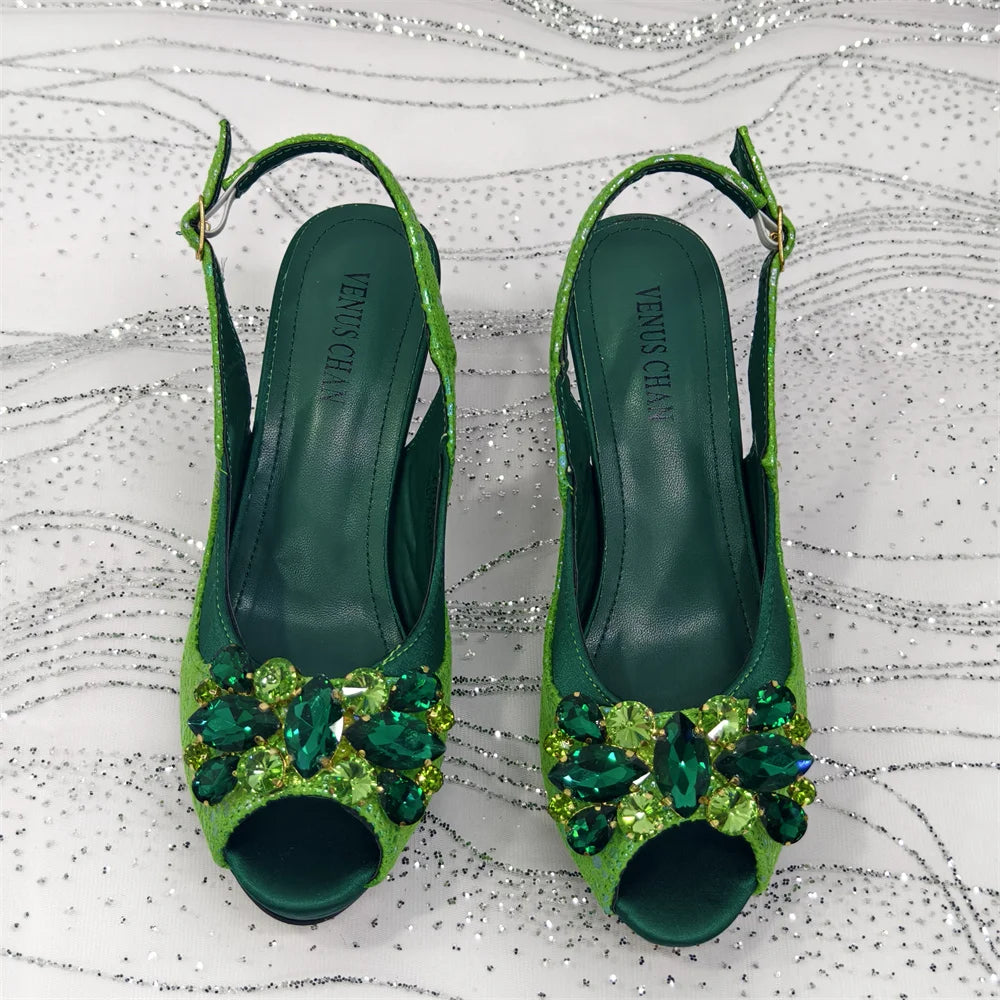 2025 New Rhinestone Design African Shoes & Bag Set in Green – Open Toe Comfortable Women's Heels - Hot Sale on Instagram