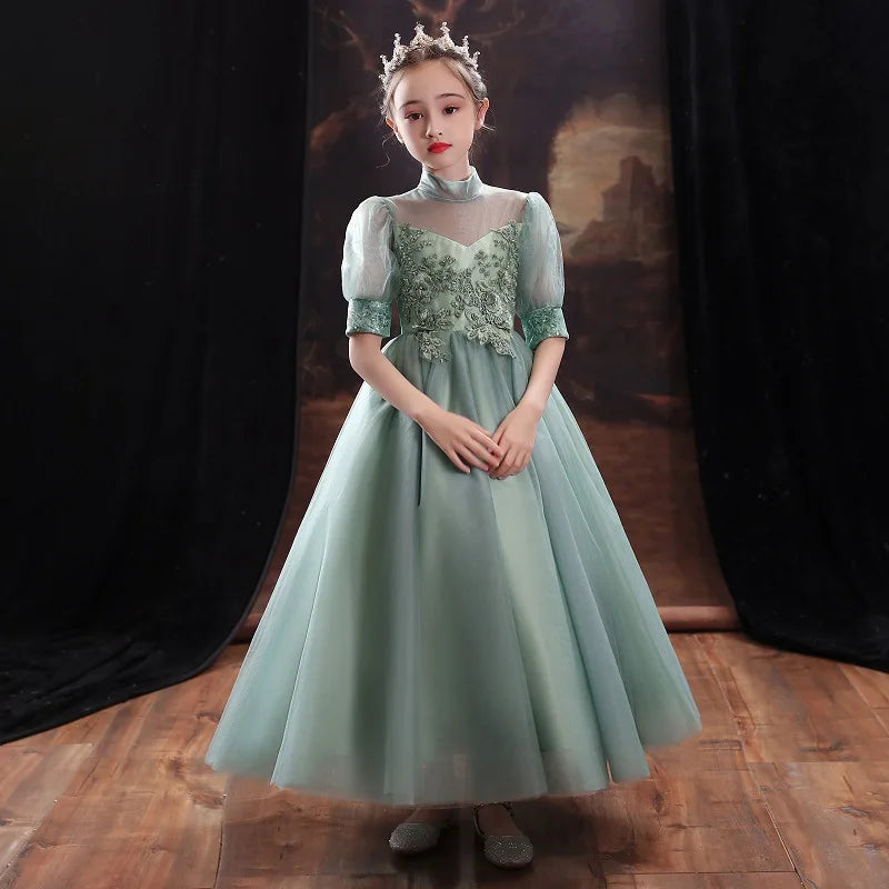 Children Clothing Green Dress for Girls 3 To 14 Year Elegant Formal Evening Dresses Long Luxury Cute Kid Wedding Party Ball Gown