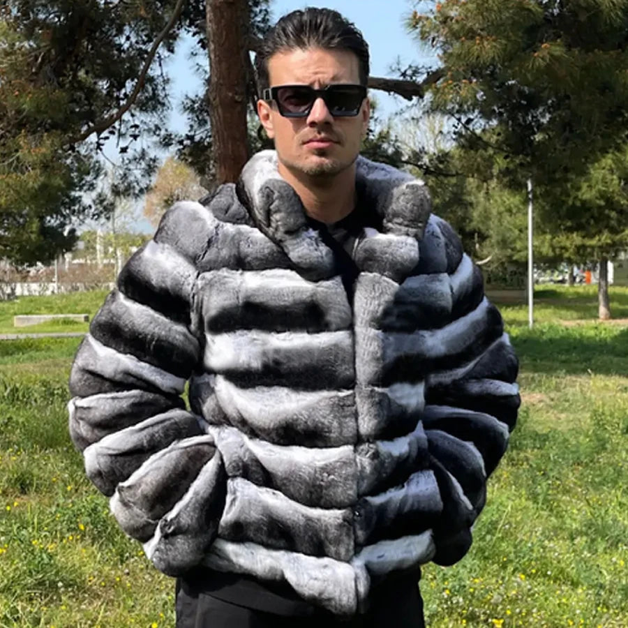 Mens Winter Rex Rabbit Fur Coats Real Fur Jackets Mens Luxury Coats Chinchilla Fashion Fur Jacket Men
