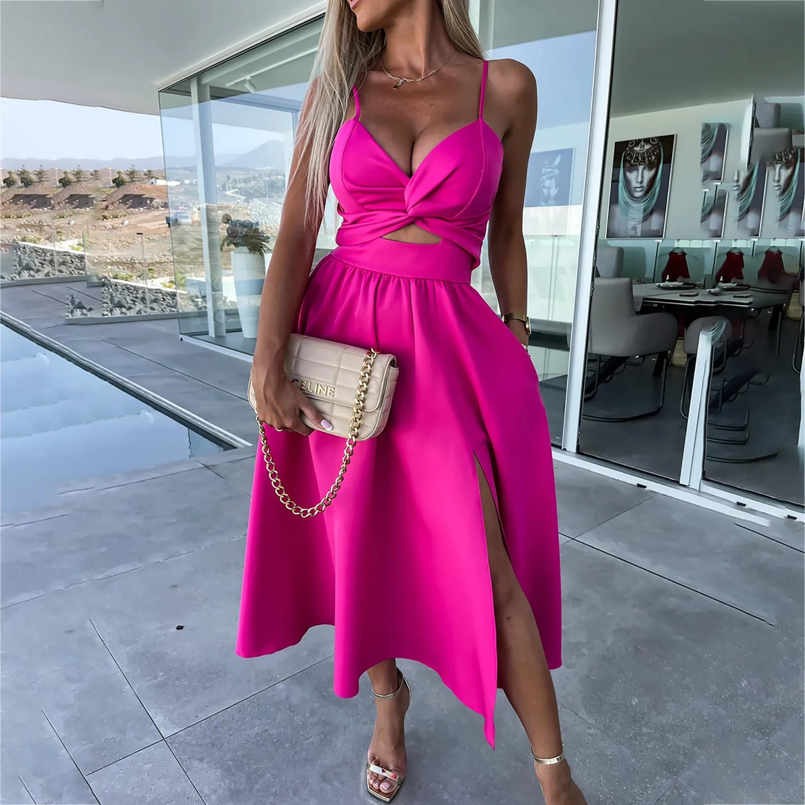 dresses for women trend sexy party dresses V-Neck Big Swing Slimming Backless Sleeveless long Dress Suspenders Hollow vestidos