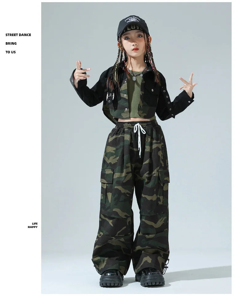 Girls Hip Hop Clothing Green Crop Top Camouflage Casual Wide Pockets Cargo Pants for Kids Jazz Dance Costume Clothes