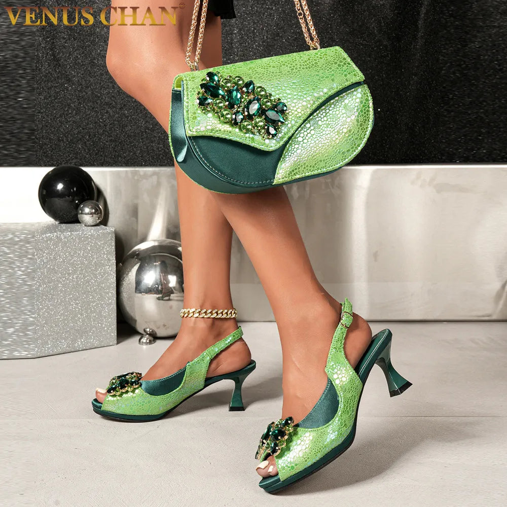 2025 New Rhinestone Design African Shoes & Bag Set in Green – Open Toe Comfortable Women's Heels - Hot Sale on Instagram
