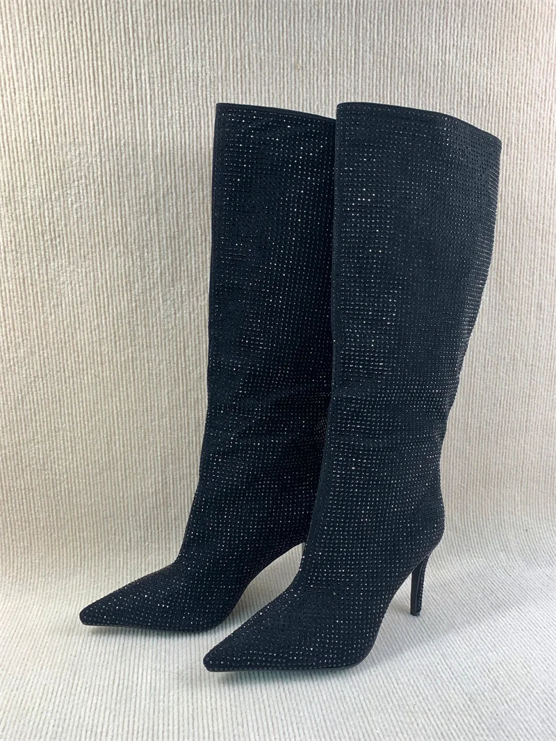 Rhinestone Women's High Boots Pointed Toe Slip-on Long Boots Women Boots High Heels Sexy Stiletto Ladies Party Shoes 2025 New