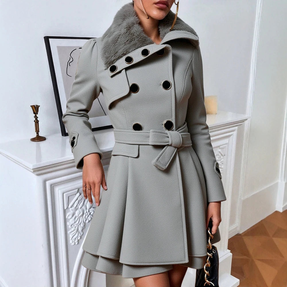 Women's Coats 2025 Fall Essential Solid Color Long Sleeve Notched Lapel Single-Breasted Faux Fur Collar A-Line Coats