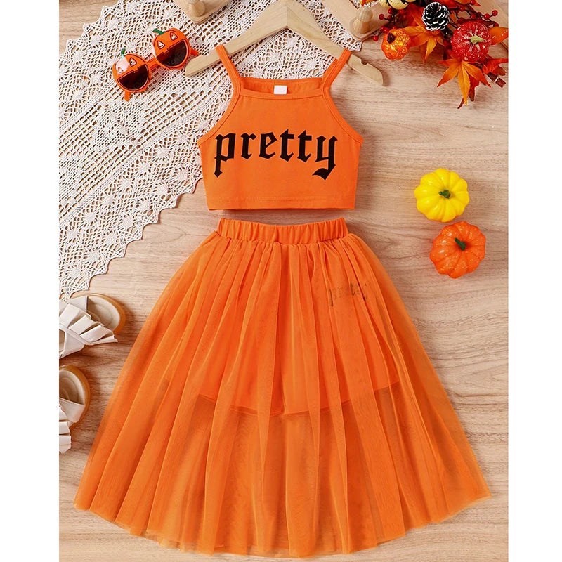 5-14 Years Teenagers Girls Clothing Sets Summer New Cotton Fashion Top + Mesh Skirt Two Piece Set Birthday Gifts Kids Clothes