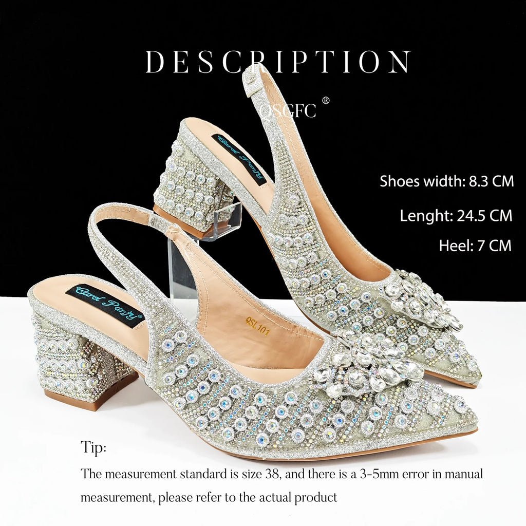 2024 Italian Design Full Rhinestone Comfortable high heel shoes And Bag Fashion Style Pointed-Toe Shoes For Women