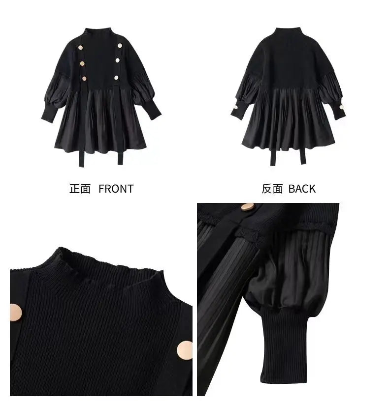 2025 Spring and Autumn New Girls' Dress Children's Clothing Black Design Sense Spliced Knitted Pleated Skirt